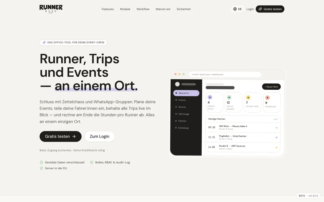 Runner Base — SaaS · Festival-Logistik, Webdesign-Projekt von Christopher Rapp